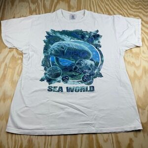 Vintage Sea World Manatee Graphic T-Shirt White Mens XL 90s Souvenir
